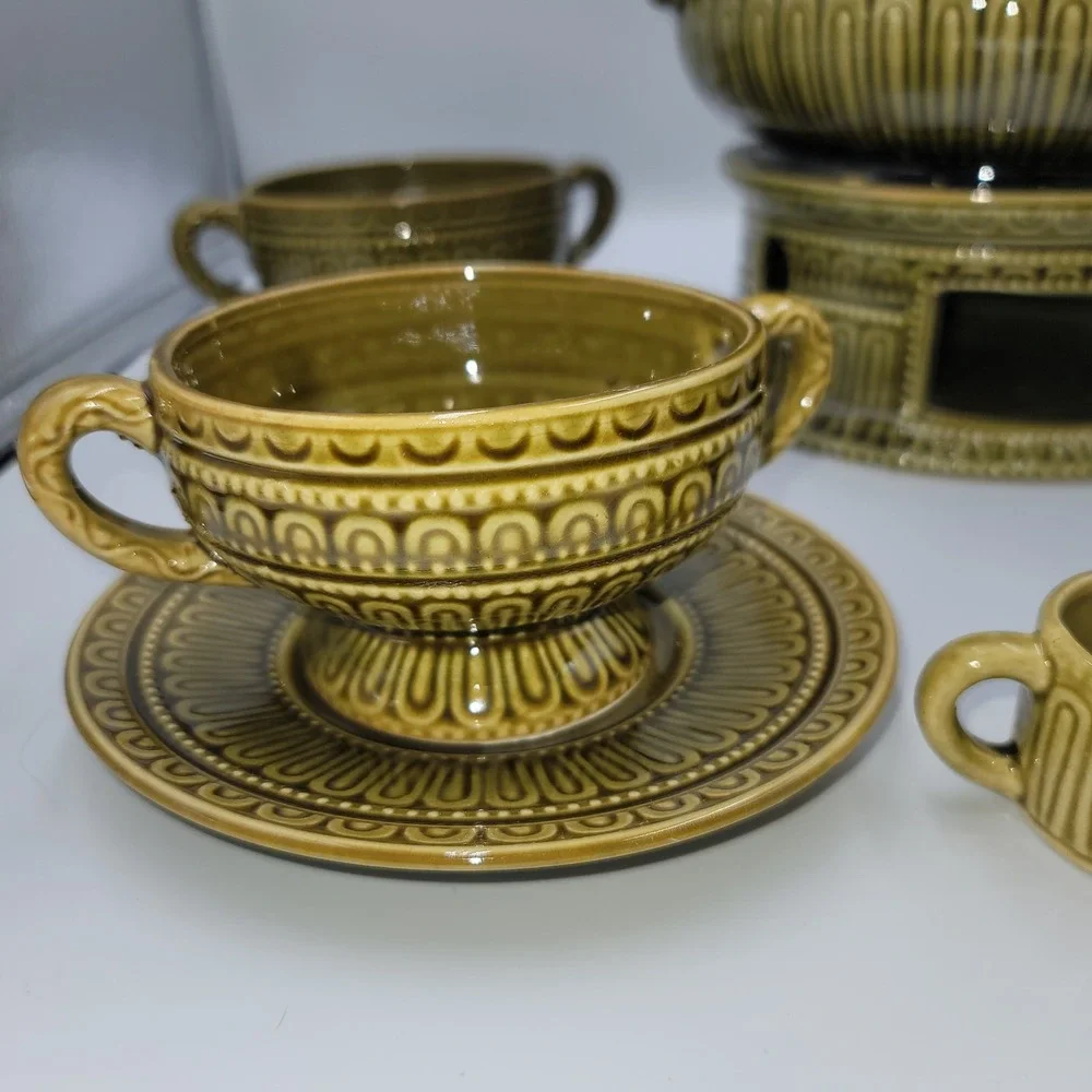 Vintage Olive Green Ceramic Soup Tureen Set with Warmer 4 Bowls and Saucers MCM